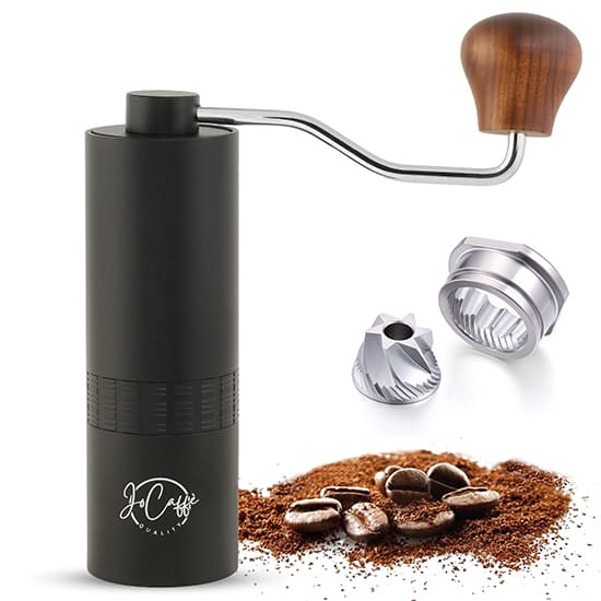 handheld coffee grinder with internal blades and coffee beans displayed as an Amazon hero shot for product listing